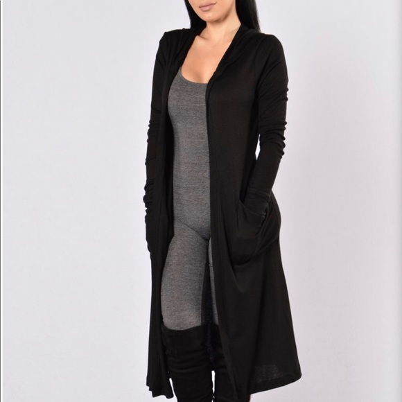 long sweater with hood and pockets